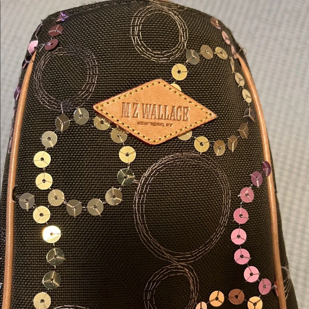 MZ Wallace Brown Neutral Embroidered Sequin Circles Leather Handles Canvas Tote